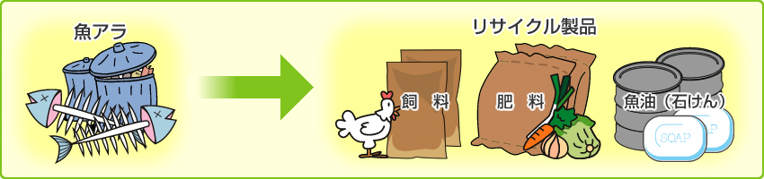 魚アラ→リサイクル製品（飼料・肥料・魚油(石けん)）